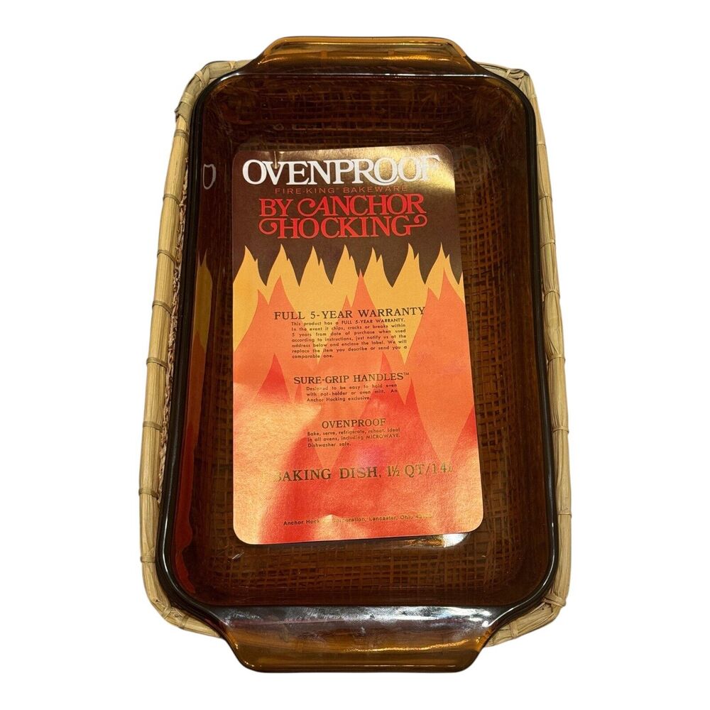 Anchor Hocking 432 Baking Dish 1.5 Quart Amber Color Vintage Fire King w/Basket